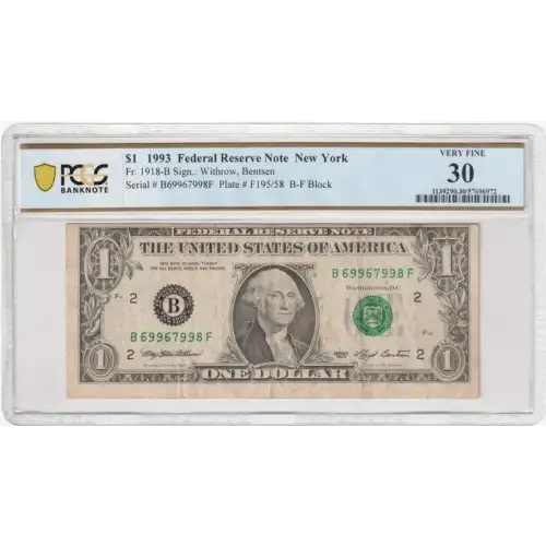 $1 1993 Green seal. Small Size $1 Federal Reserve Notes 1918-B (2)