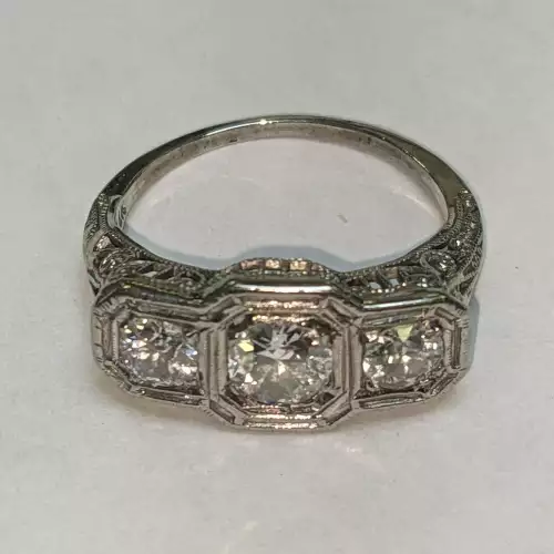 18k White Gold Filagree Flower Basket Antique Ring .5 and 2 .25 Carat Diamonds