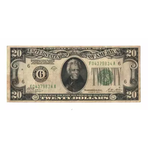 $20 1928 Green seal. Small Size $20 Federal Reserve Notes 2050-F