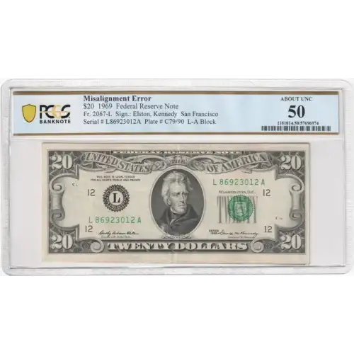 $20 1969 blue-Green seal. Small Size $20 Federal Reserve Notes 2067-L