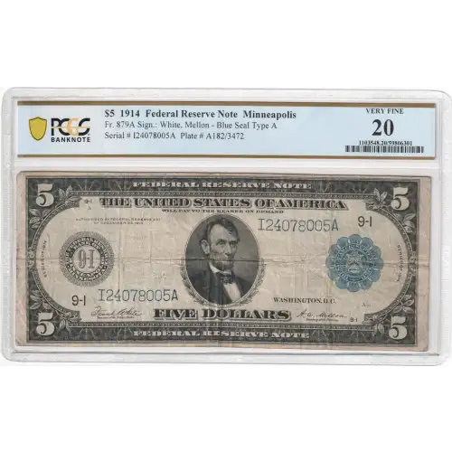 $5 1914 Blue Seal Federal Reserve Notes 879A