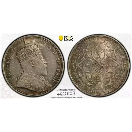 
Issuer	Straits Settlements (British Malaysia) 
King	Edward VII (1901-1910)
Type	Standard circulation coin
Years	1903-1904
Value	1 Dollar
Currency	Dollar (1845-1939)
Composition	Silver (.900)
Weight	26.95 g
Diameter	37.3 mm
Thickness	2.5 mm
Shape	Round
Te