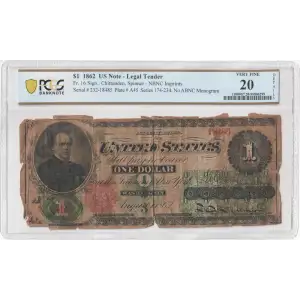 $1 Series 174-234 at left. No ABNCo monogram. No green patent date. Type 2; Red Seal Legal Tender Issues 16