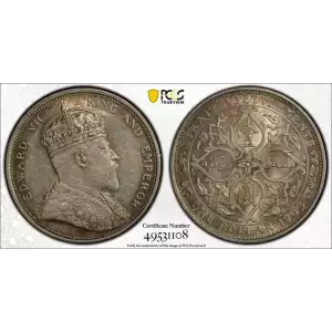 
Issuer	Straits Settlements (British Malaysia) 
King	Edward VII (1901-1910)
Type	Standard circulation coin
Years	1903-1904
Value	1 Dollar
Currency	Dollar (1845-1939)
Composition	Silver (.900)
Weight	26.95 g
Diameter	37.3 mm
Thickness	2.5 mm
Shape	Round
Te