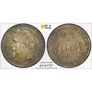 
Issuer	France 
Emperor	Napoleon III (Napoléon III) (1852-1870)
Type	Standard circulation coin
Years	1861-1870
Value	5 Francs
Currency	Franc (1795-1959)
Composition	Silver (.900)
Weight	25 g
Diameter	37 mm
Thickness	2.6 mm
Shape	Round
Technique	Milled
Ori