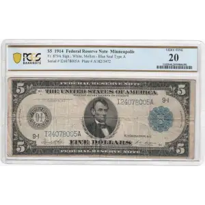 $5 1914 Blue Seal Federal Reserve Notes 879A