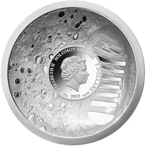 This 2019 Solomon Islands coin celebrates the 50th anniversary of the moon landing, featuring a colorized design of the 