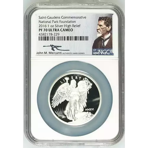 This is the 2016 1oz Silver Winged Liberty High Relief.   Working alongside the Saint-Gaudens museum in Cornish, New Hampshire, this commemorative is a stunning high relief silver piece 109 years in the making! U.S. Mint 12th Chief Engraver, John Mercanti