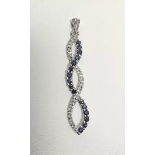 Vertical Cascading Infinity Diamond and Blue Sapphire Pendant. 1.3g 10k White Gold .25ct Diamonds